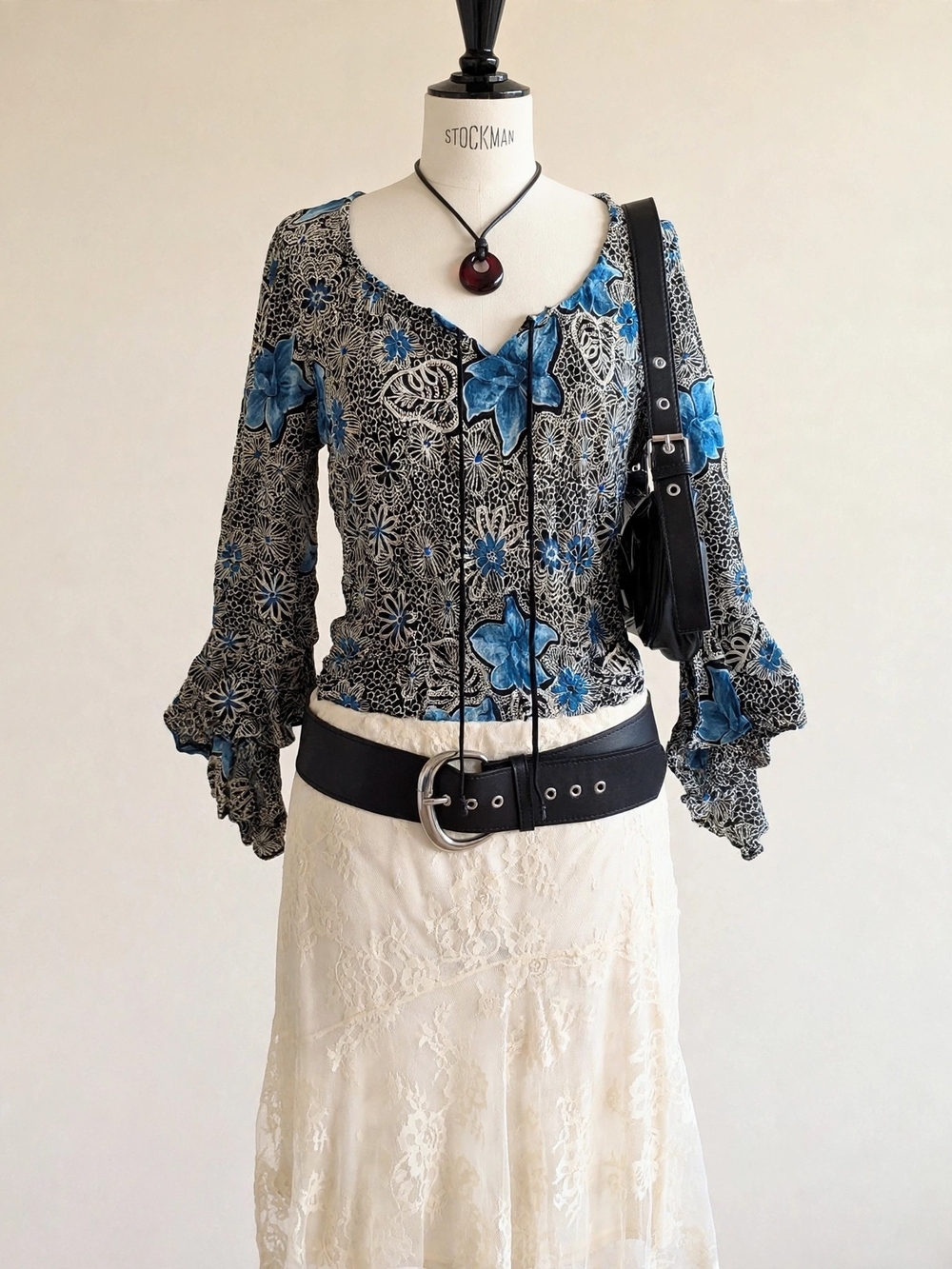 Y2K Floral Bell Sleeve Top Black Blue Tie Neck